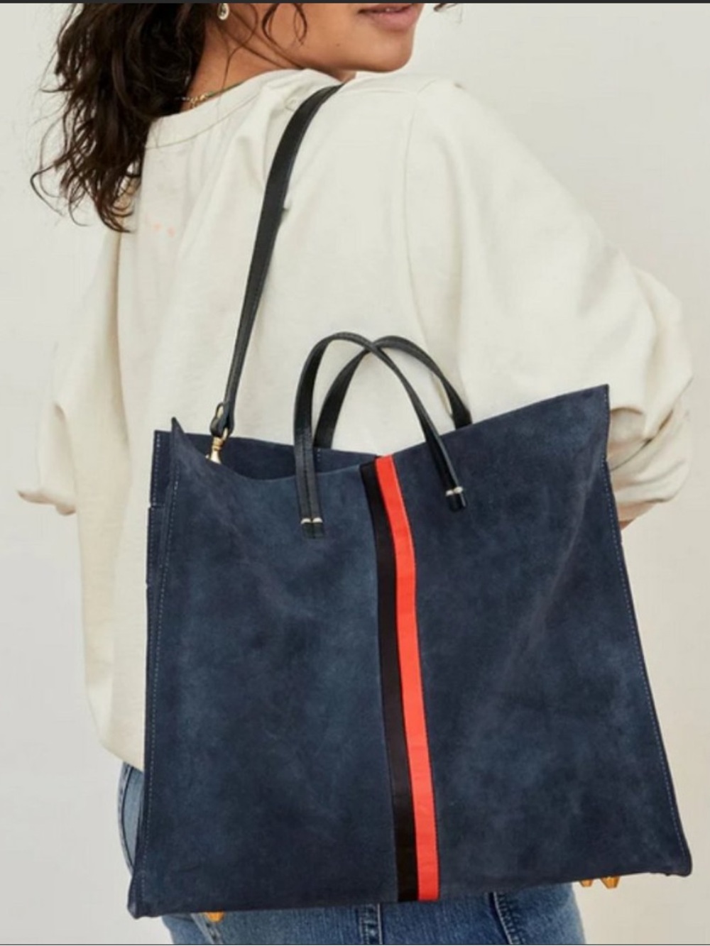 Clare V. Simple Tote in Marine Suede with Stripes
